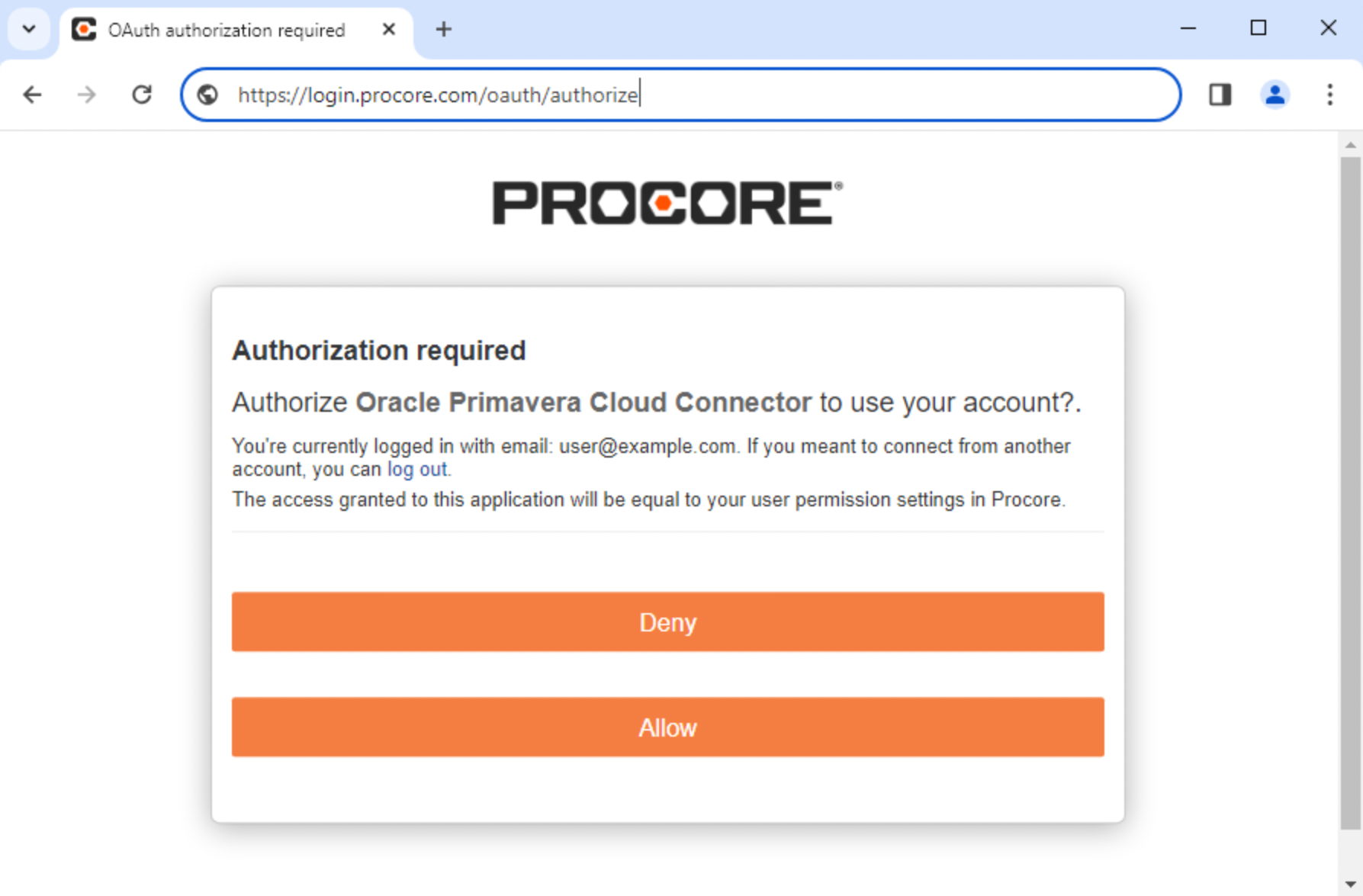 Procore authorization prompt