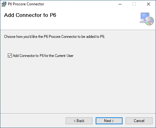 Dialog to select if connector is added to P6 for the current user
